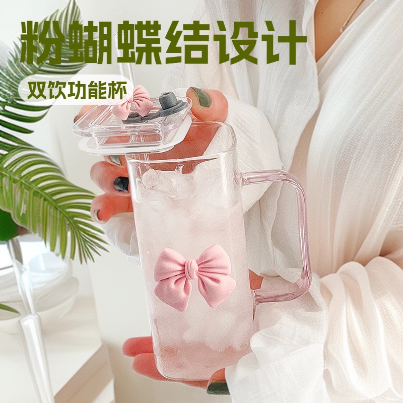 Transparente simple cuadrado tazas para niños nuevo color rosa arco copa de pajita hogar con asa alta borosilicato de vidrio
