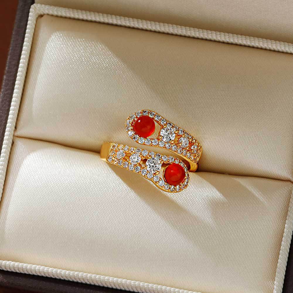 Hyacinth Fashion, light luxury, super sparkling Zircon snake-shaped opening ring, unique design for women, Hong Kong-style red agate ring, Douyin bestseller Specification image