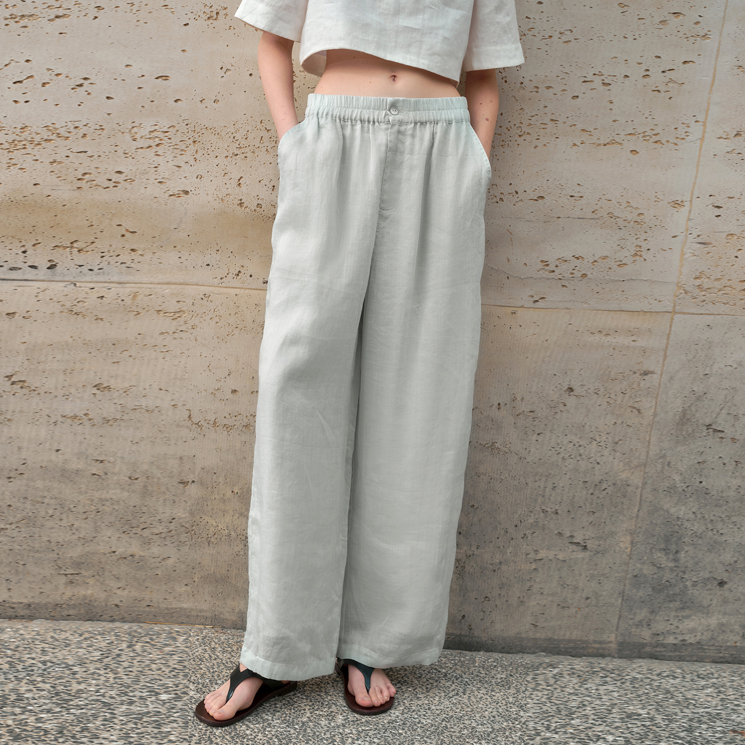 Pure ramie straight-leg pants for women, loose and slimming casual pants, loose spring and summer stretched-waist long pants Specification image