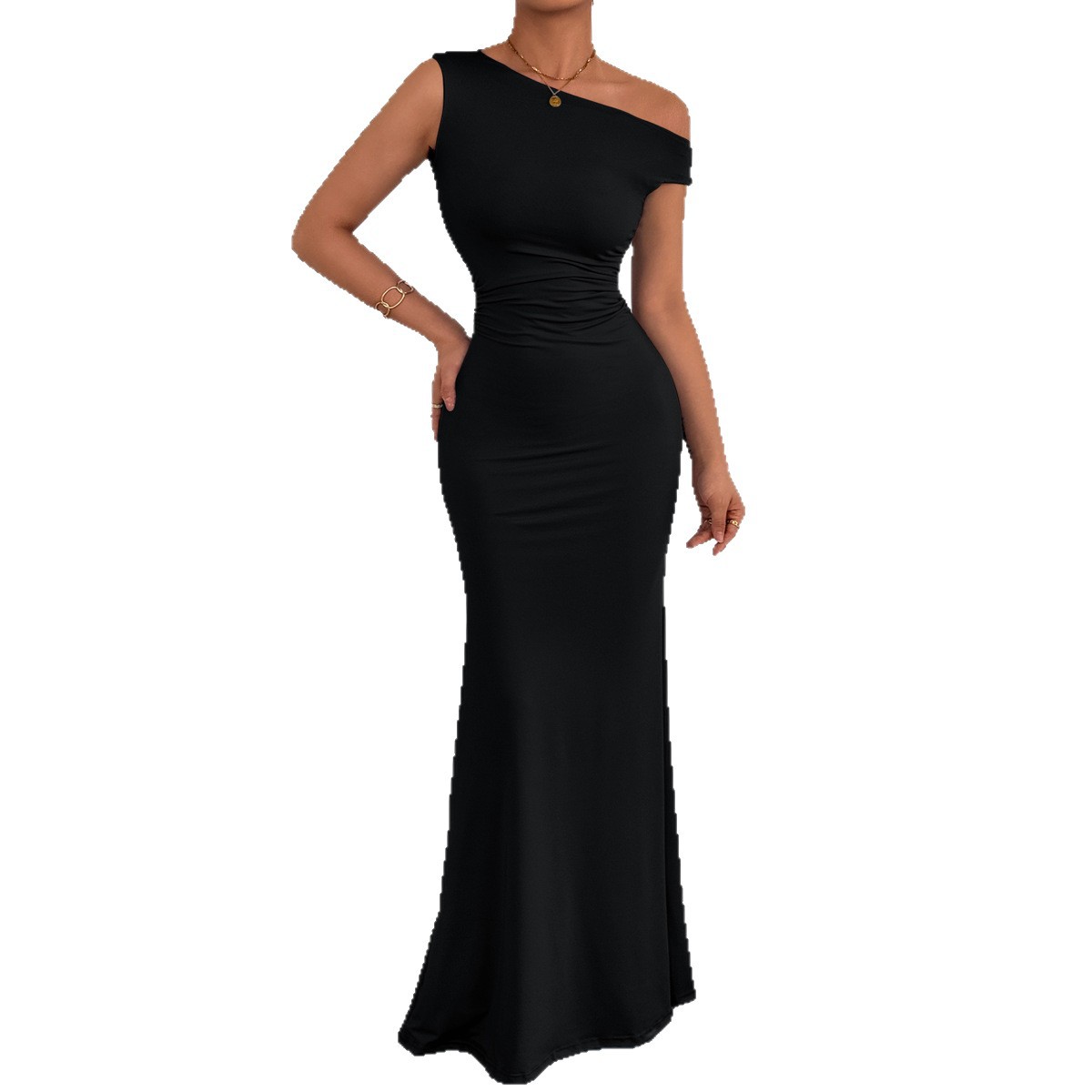 2026 Cross-border women's fish tail dress from Europe and America, Amazon bestseller, off-the-shoulder collar, waist pleated sleeveless sexy dress Item Picture