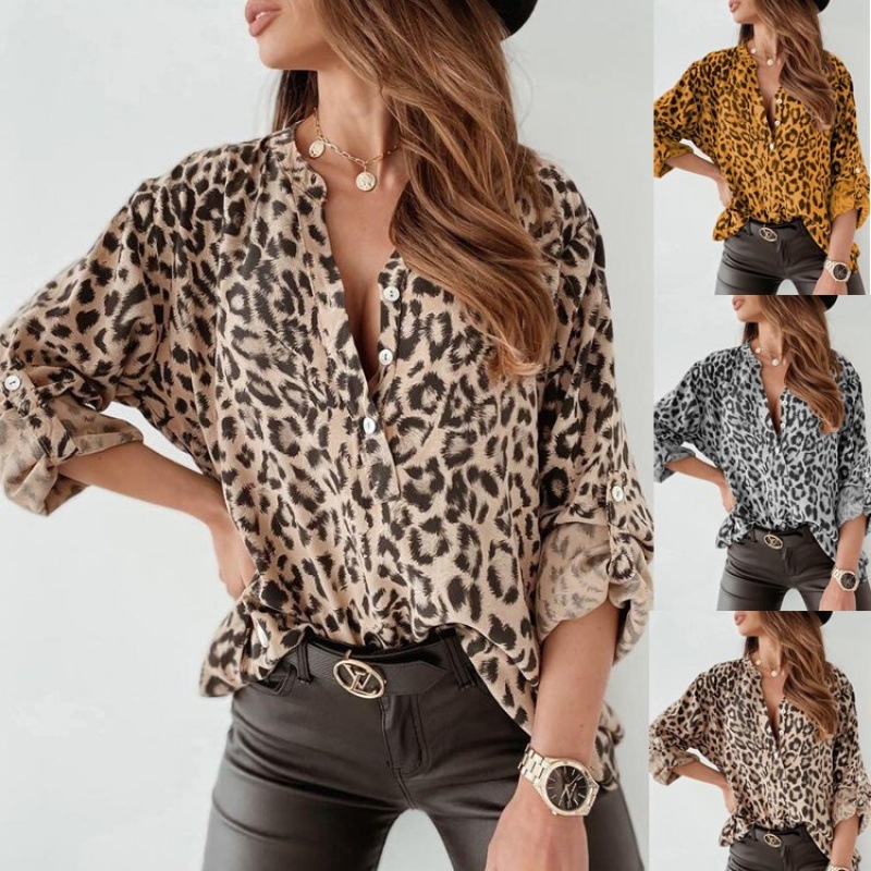 In-stock European and American cross-border trade spring and autumn printed women's shirts, long-sleeved leopard print single-breasted cardigan, loose shirts for women full figure