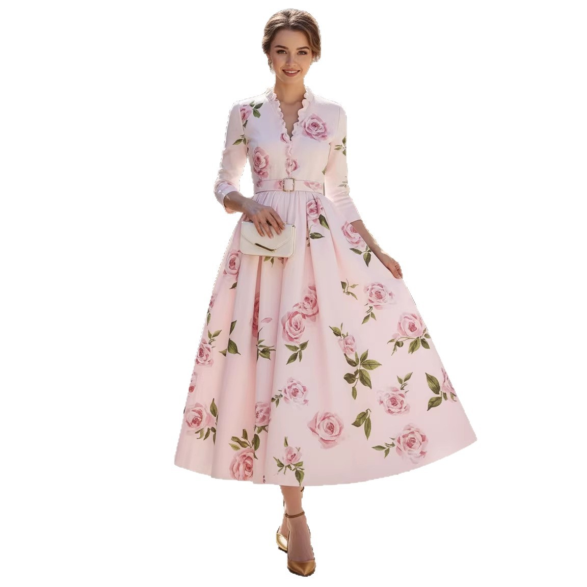 2026 Amazon Print V-neck cinched waist long-sleeved A-line women's dress Long dress, artistic, retro, fashionable and elegant Item Picture