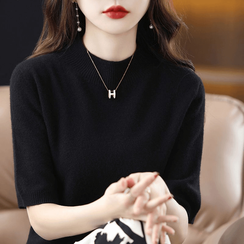 A semi-high-neck casual knitted sweater for women in spring 2023, in a solid color, paired with a half-sleeved base layer sweater T-shirt Item Picture
