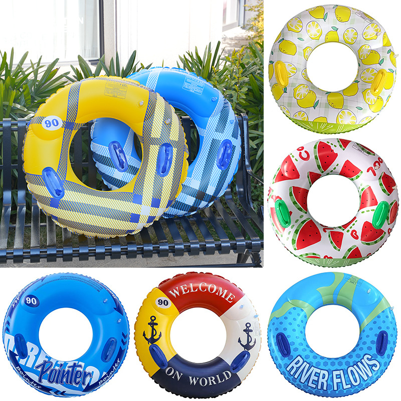 现货双气囊黄色格子风游泳圈加大加厚成人环保PVC腋下圈把手泳圈