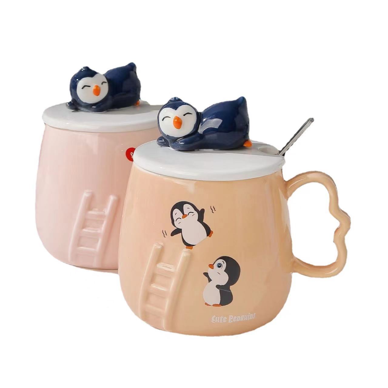 Ceramic cup with lid, creative cartoon three-dimensional relief penguin mug, office home, student gift and souvenir Item Picture