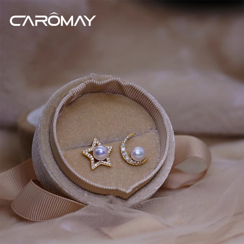 Star and moon asymmetrical stud earrings, natural freshwater pearl stud earrings S925, silver needle, niche design, light luxury, high-end earrings for women details Picture