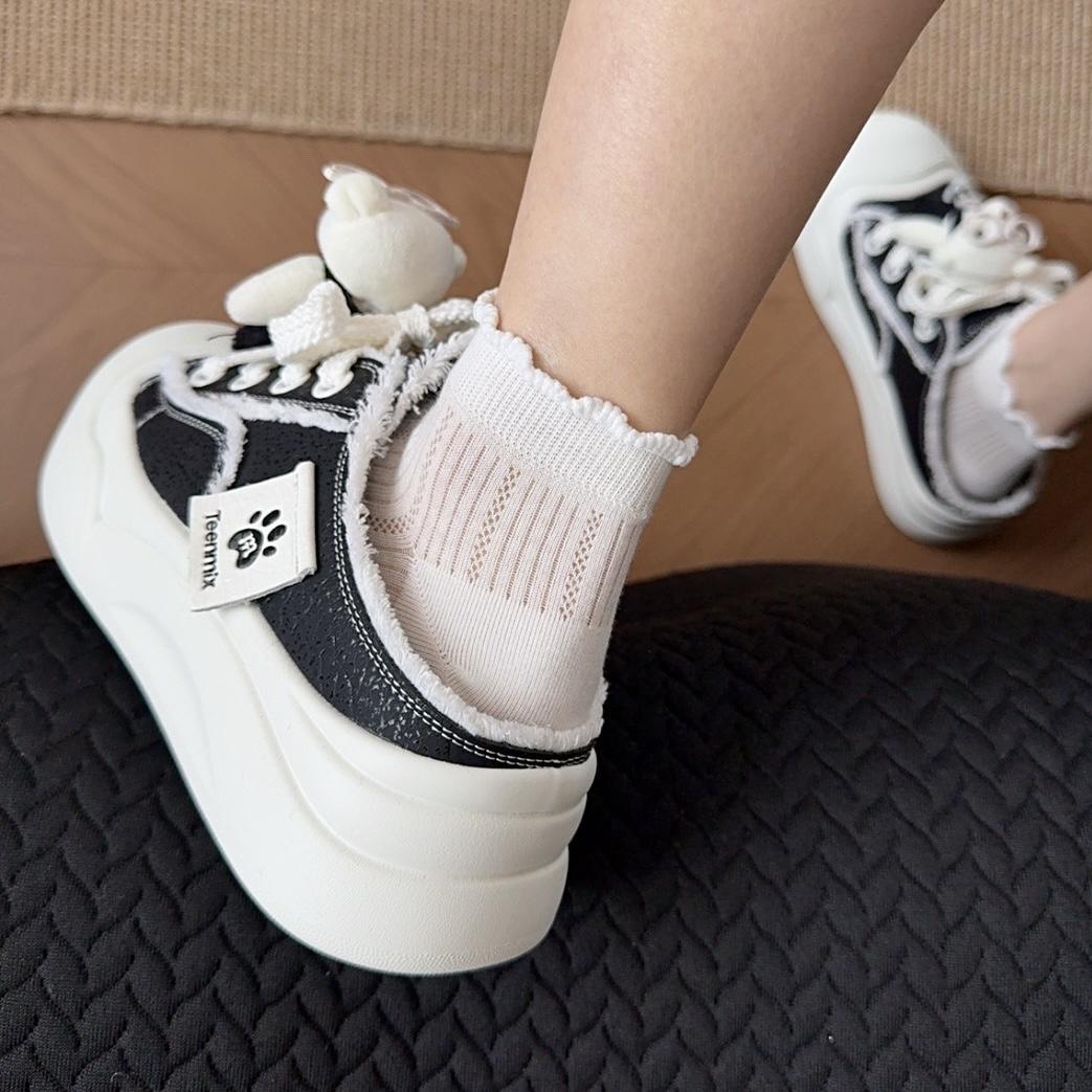 White lace pile socks for women's summer, thin mesh breathable mid-calf socks, school style, ballet style, black ear-trimmed socks Specification image
