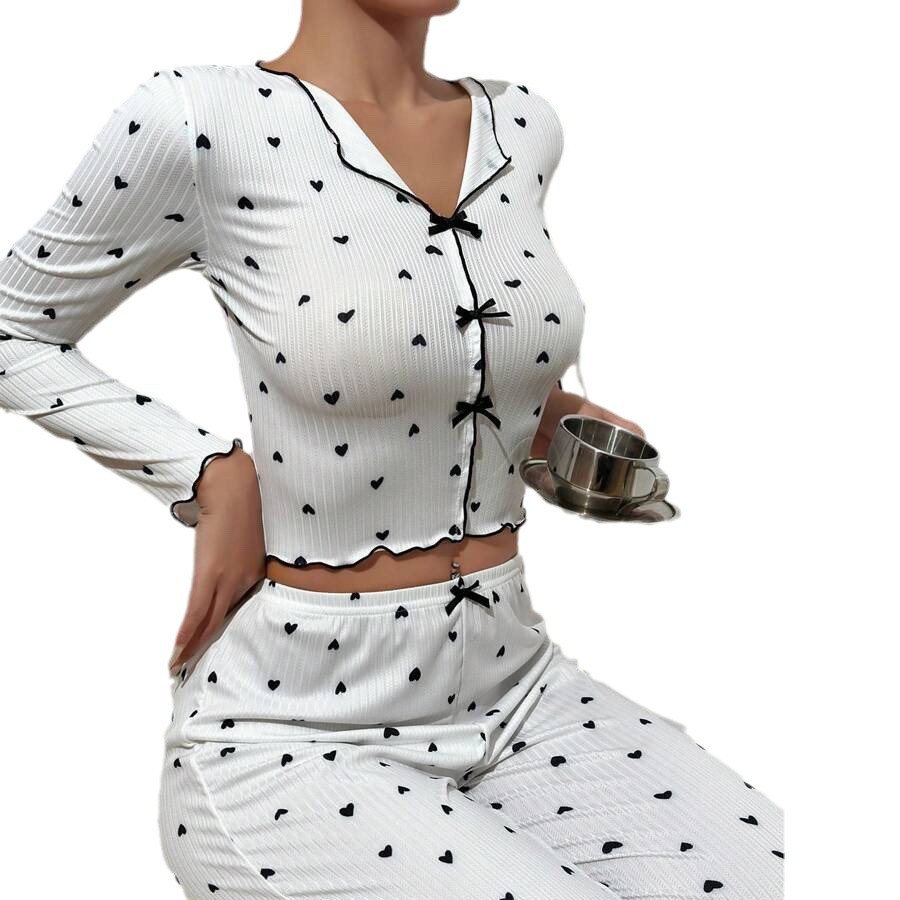 Cross-border European and American foreign trade summer new heart-shaped printed long-sleeved and long pants two-piece set for women's thin home wear and pajamas Item Picture