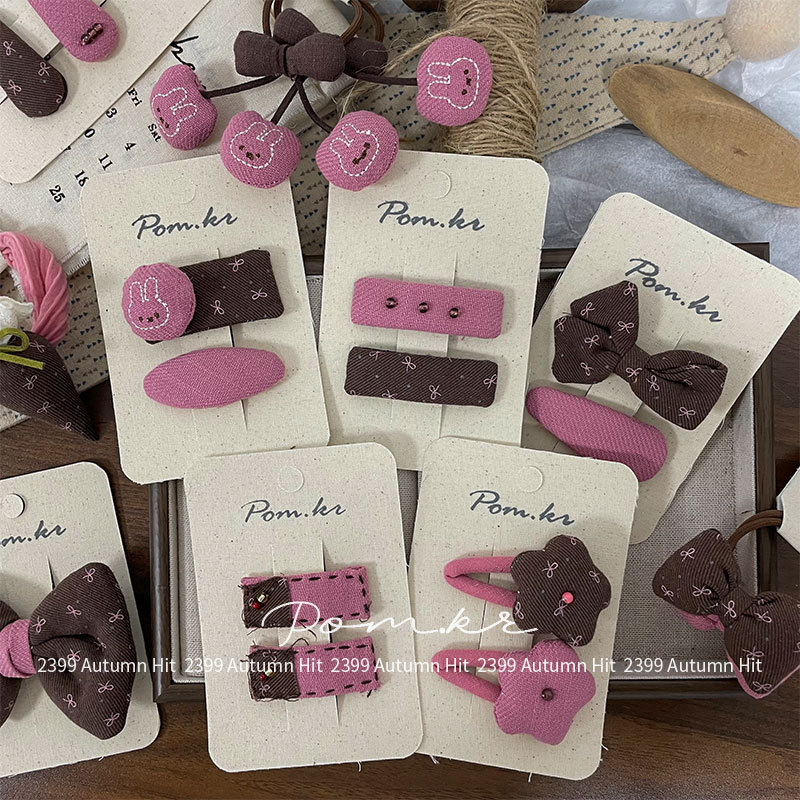New Korean-style autumn pink coffee bow hair clips, children's color-blocking side wavy bangs clips, elastic ponytail hair bands details Picture