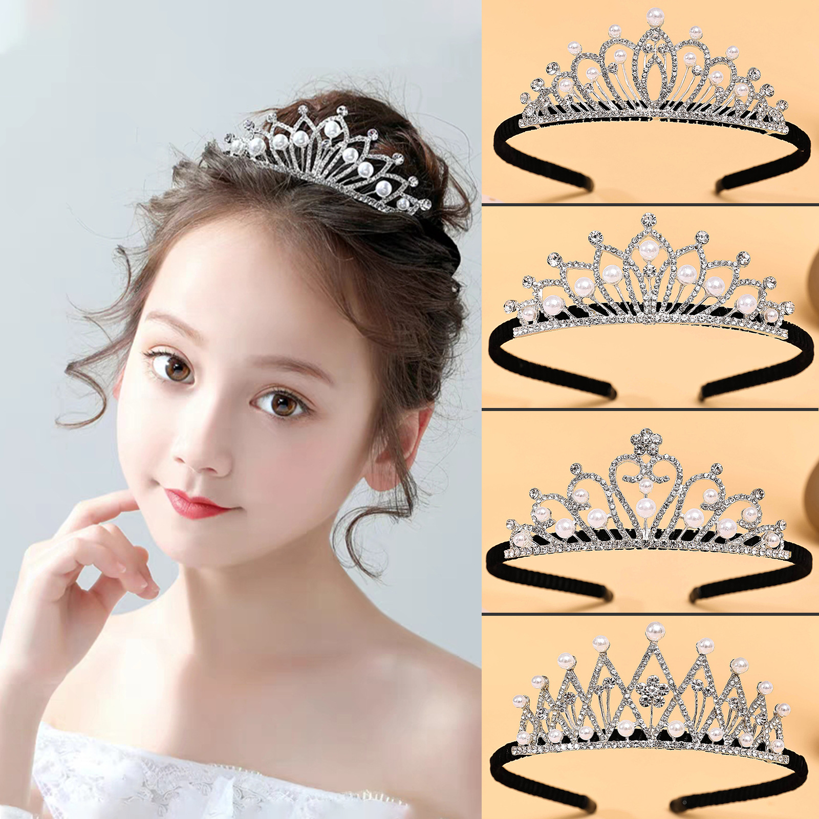 Korean children's crown headband, anti-slip and hair-pressing for girls, cute princess girl headwear, crystal little girl crown performance