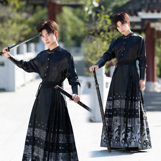 Chinese trend and style horse face skirt for men, ancient-style Hanfu for men, adult ancient costume for men, shirt set details Picture