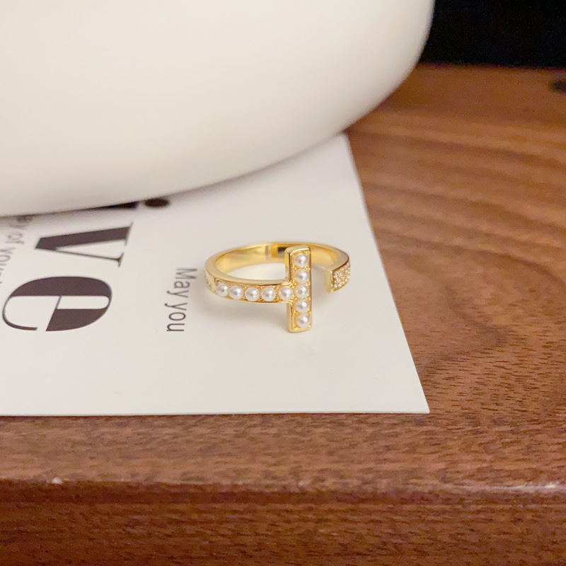 T-letter small pearl ring, children's Instagram trendy and fashionable super fairy open ring, exquisite and fashionable Internet celebrity index finger wholesale