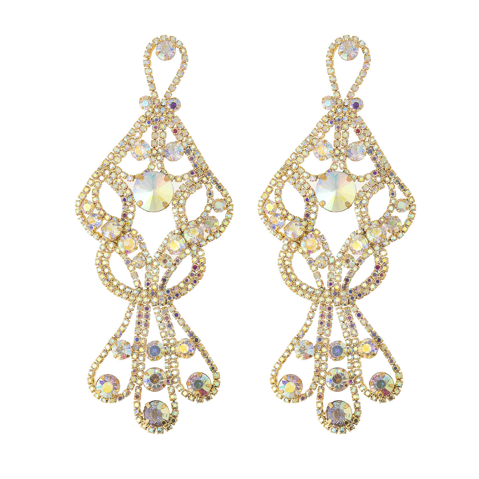 Cross-border exaggerated colored diamond earrings, European and American fashion AB diamond shiny long pendant design sense diamond-encrusted claw chain jewelry