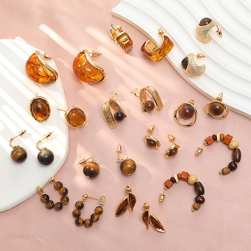 秋冬时尚百搭暖咖色系虎眼石耳环美拉德耳饰小众高级感耳钉女批发