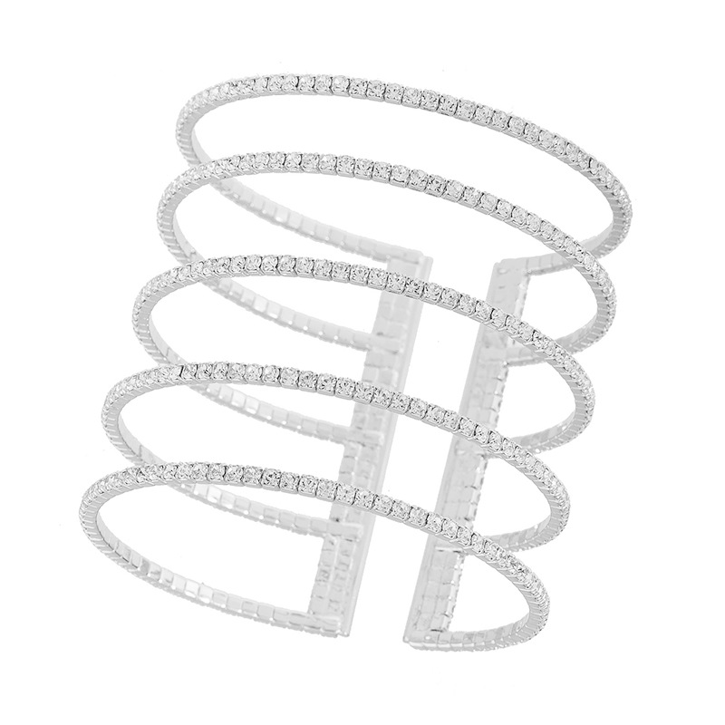 Cross-border foreign trade claw chain jewelry, five-row rhinestone wide and thick bracelet, steel wire elastic open bracelet, exaggerated multi-layer parallel personalized diamond-encrusted jewelry Application Scenario