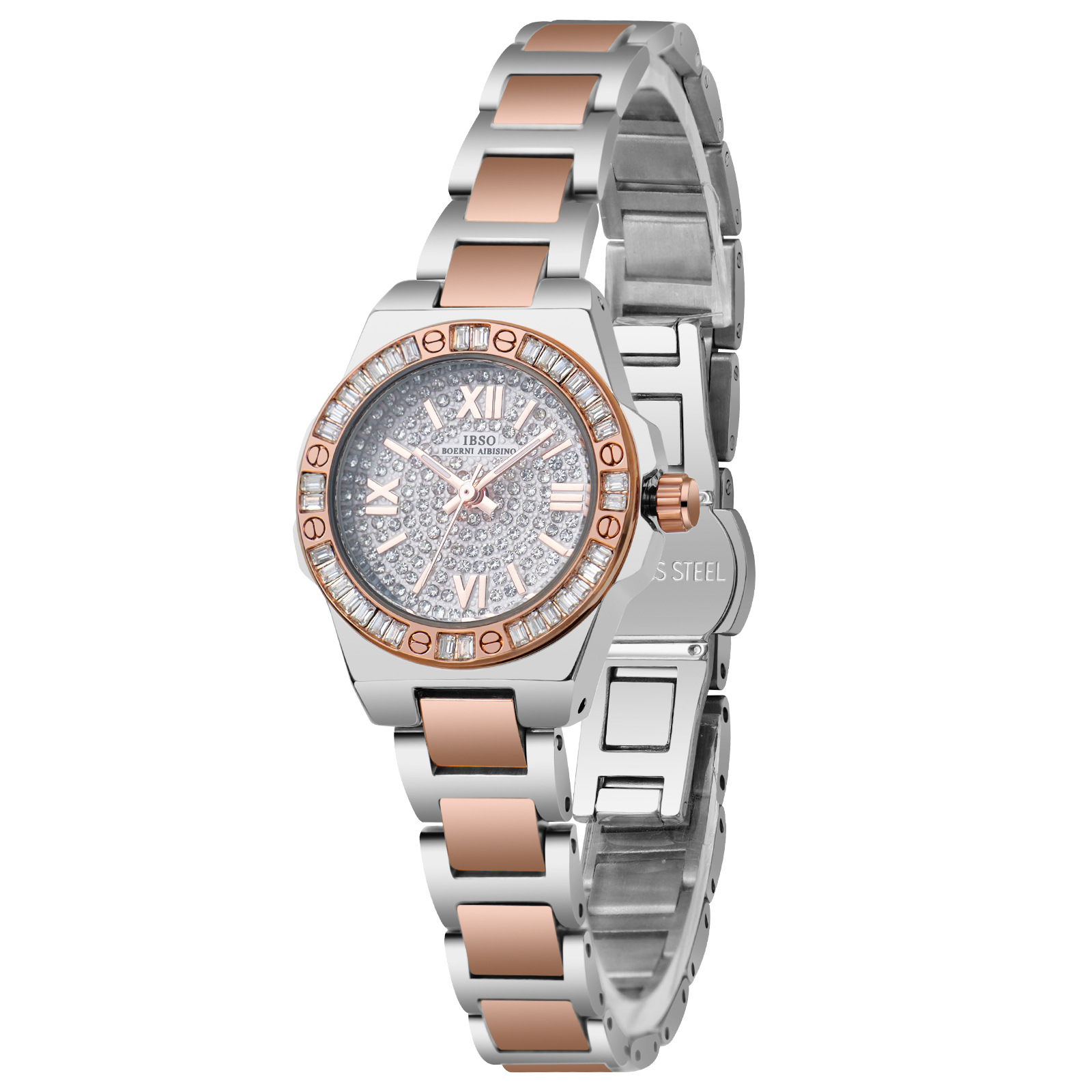 The new IBSO women's quartz watch with a steel band and diamond setting, a fashionable wristwatch, rose gold water-resistant small dial, is a cross-border bestseller Application Scenario