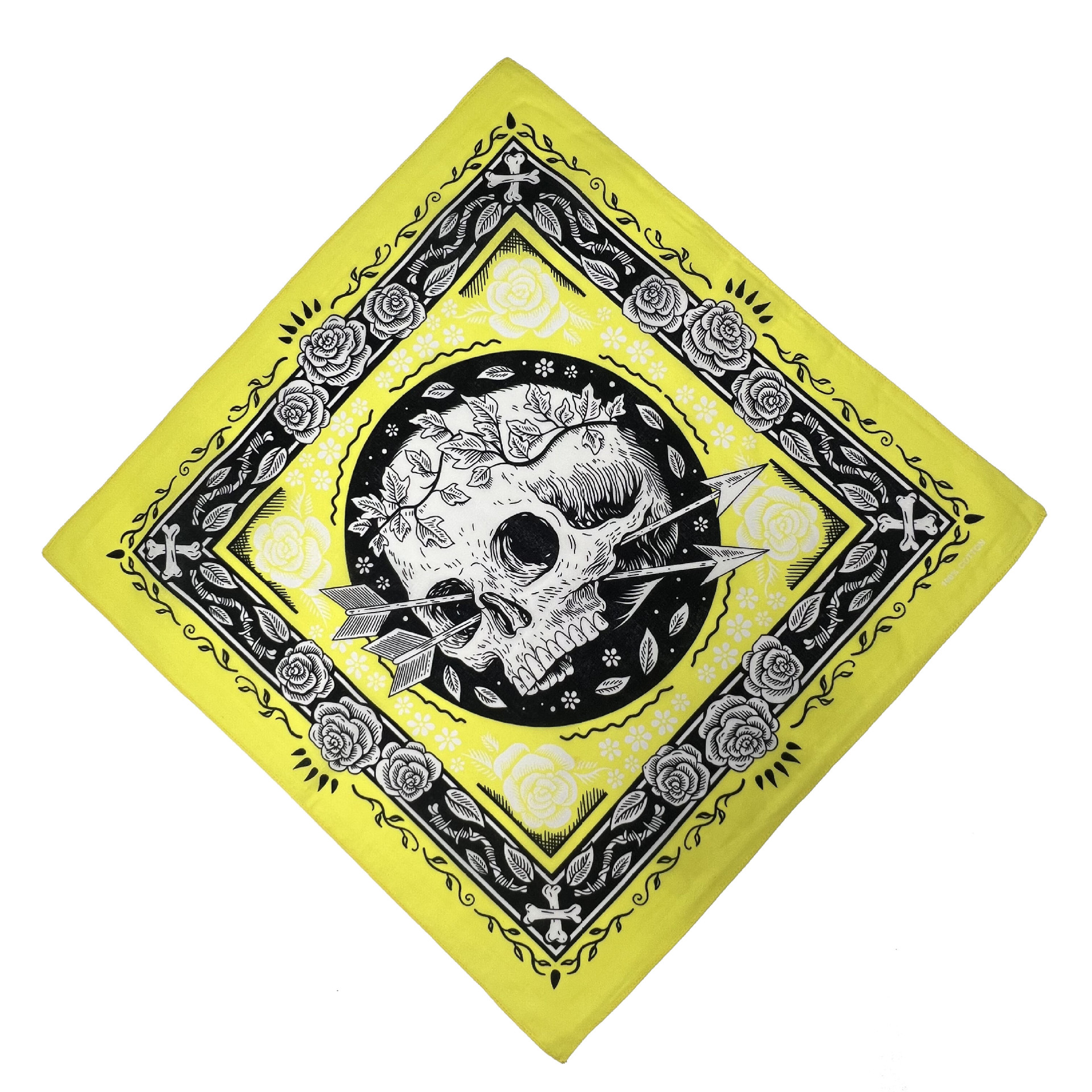 Cross-border pure cotton headscarf, hiphop, hip-hop street dance, popular small square scarf, flame skull head, big ghost head in stock details Picture