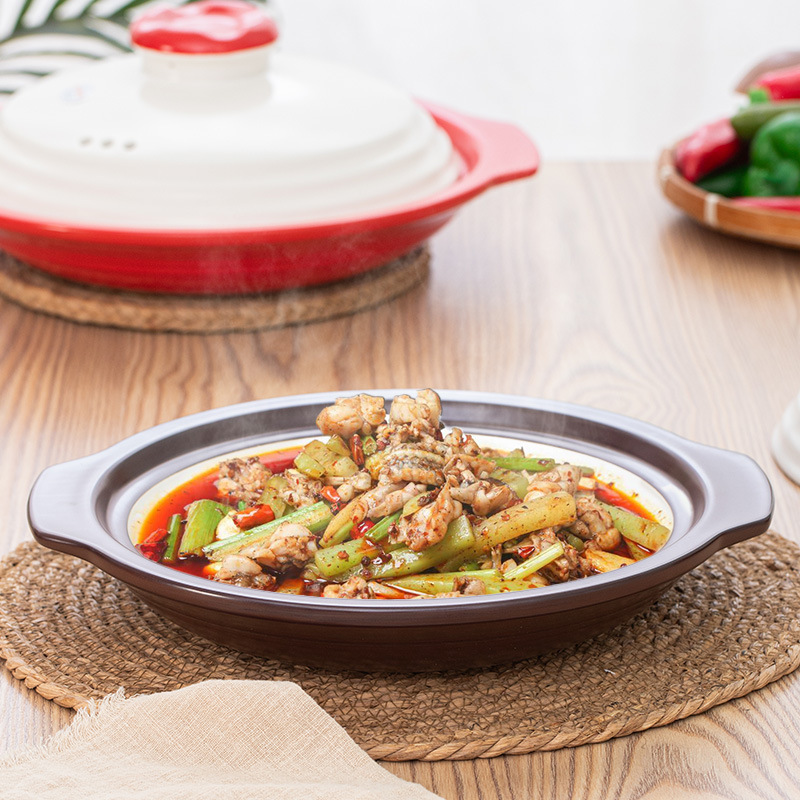 Special double-color ceramic shallow pot dry-cooking pot for restaurants, large-diameter commercial clay pot, open flame high-temperature resistant shallow mouth dry pot Specification image