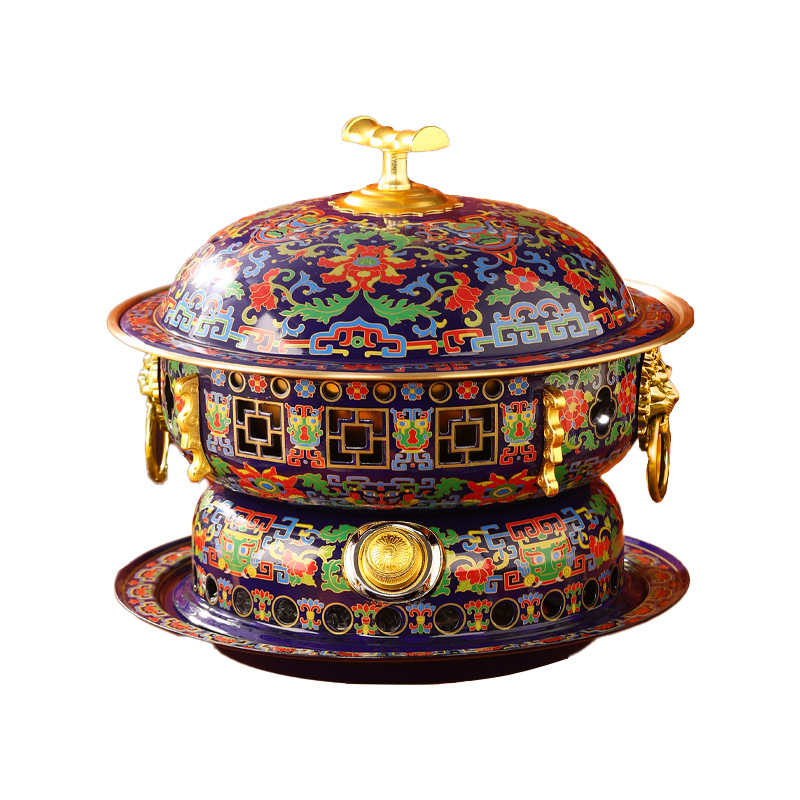 景泰蓝铜火锅酒精家用老北京涮羊肉火锅珐琅火锅插电铜火锅白底实物图