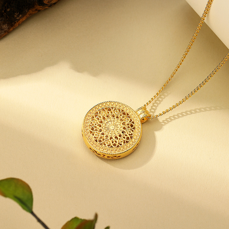 铜镀金沙金百福时来运吊坠福在眼前罗盘项链可旋转挂坠女黄财神细节图