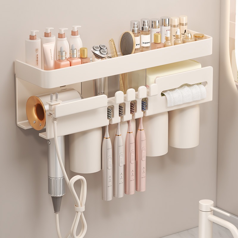 奶白磁吸牙刷置物架壁挂式免打孔洗漱口杯牙具卫生间牙杯牙刷架子产品图