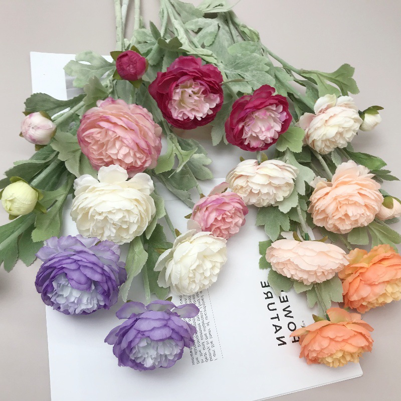 仿真花高级感逼3头洋牡丹露莲植绒场景布置家居装饰绢花批发假花产品图