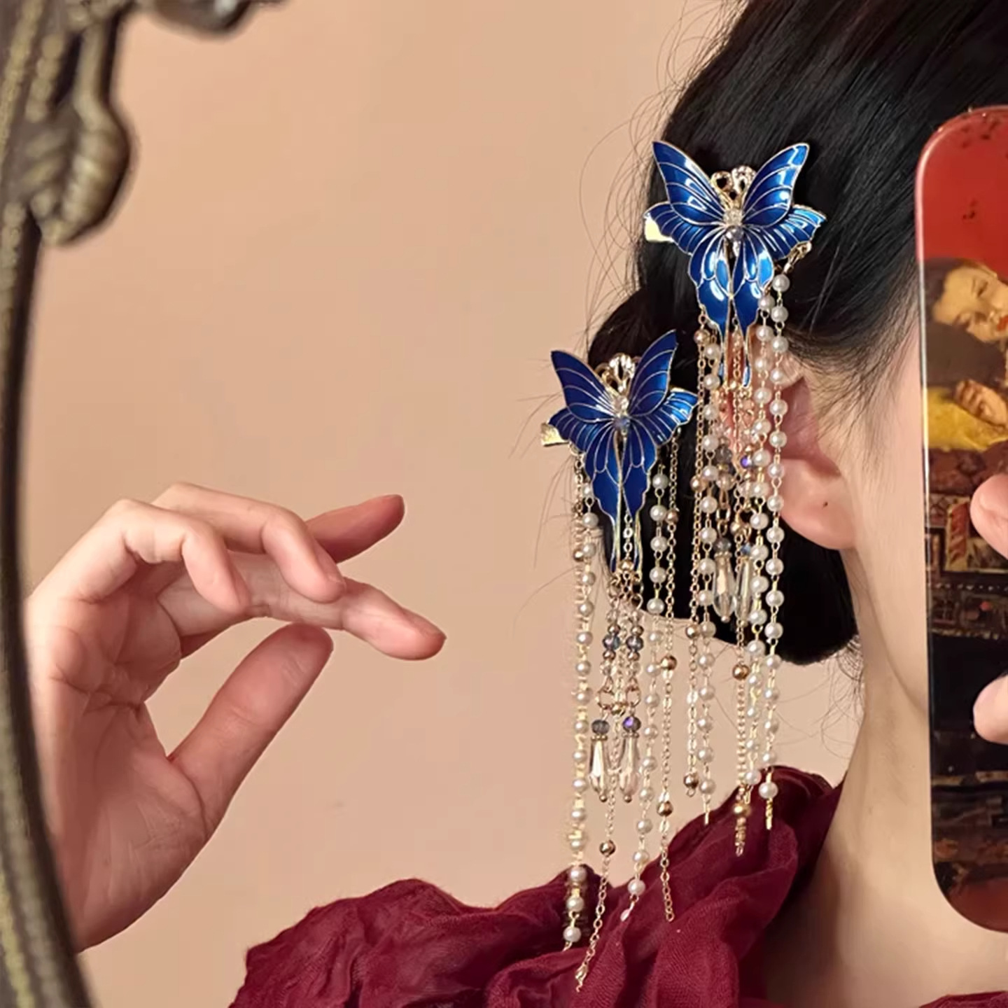 New Chinese-style blue butterfly tassel hair clips, women's side clips, Hanfu headwear, hair clips and hair accessories Specification image