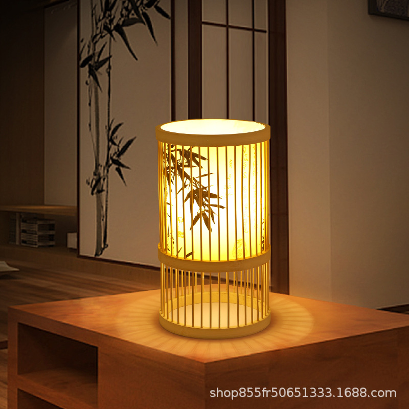 Bamboo weaving lamps, Chinese-style tea room, homestay, guest room, living room, Zen tea, new Chinese-style lanterns, creative Japanese bamboo art table lamps details Picture