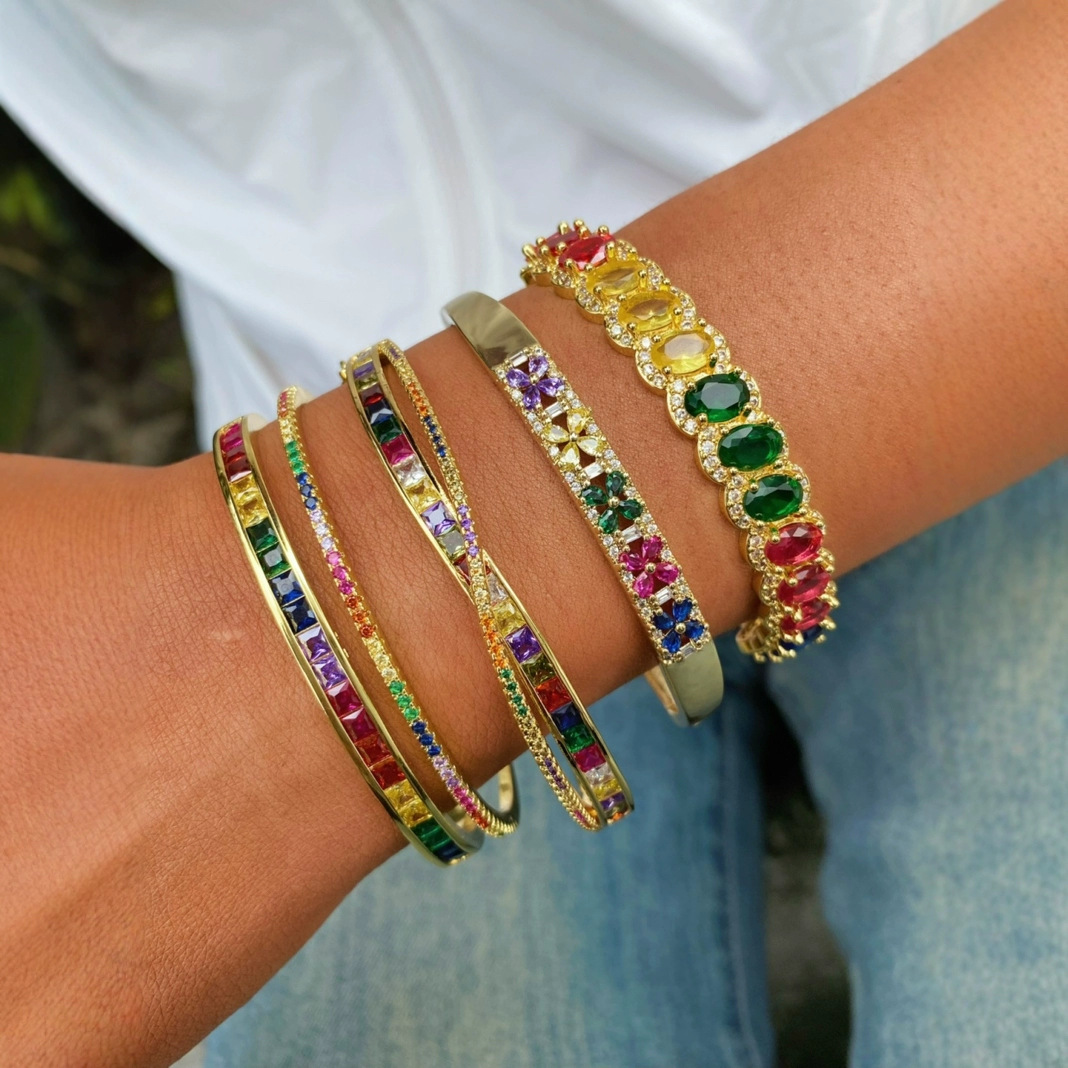 欧美跨境热销个性风潮铜镀金彩色锆石微镶几何多层百搭手镯女