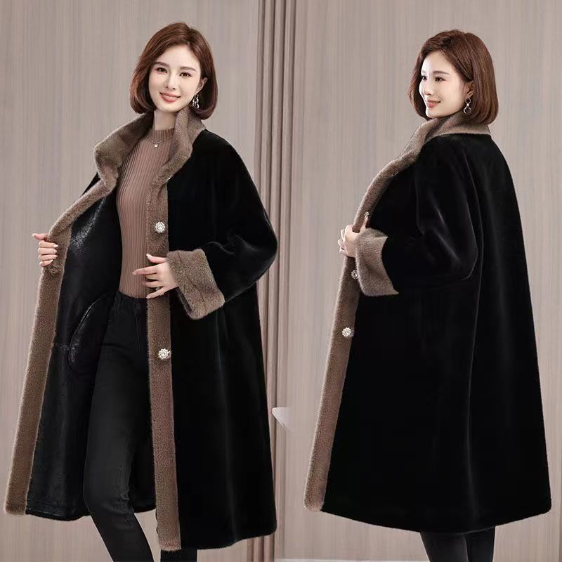 新款皮毛一体大衣洋气妈妈装环保皮仿水貂绒长款加厚宽松外套女