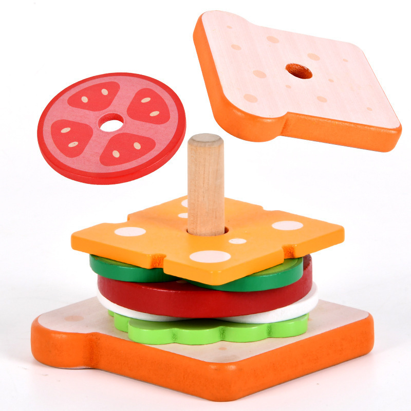 Simulated hamburger sandwich sets, column-accumulated wooden house play, 0-3 years old children's educational toys wholesale, kitchen cross-border Specification image