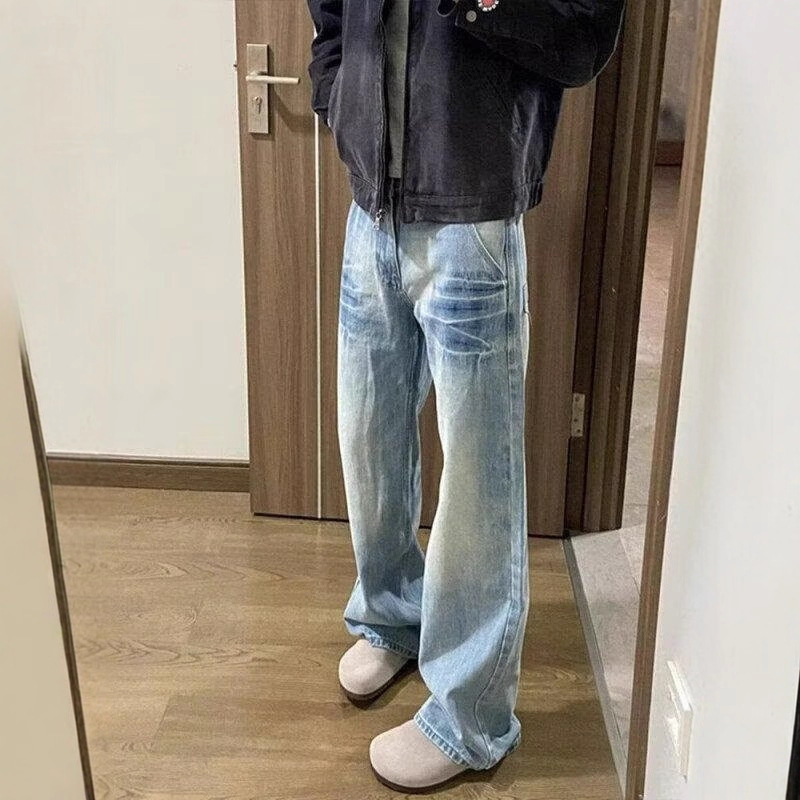 Washed blue straight-leg jeans for men, spring and autumn style American high street vibe pants, cleanfit curved slightly flared trousers Specification image