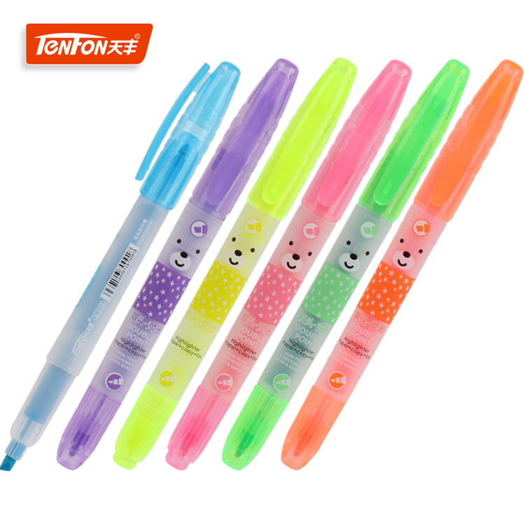 Small wholesale of double-headed cartoon highlighter pens, Cute Bear 2235 double-headed single-color highlighter notebook number pens, 6 pieces per bag full figure