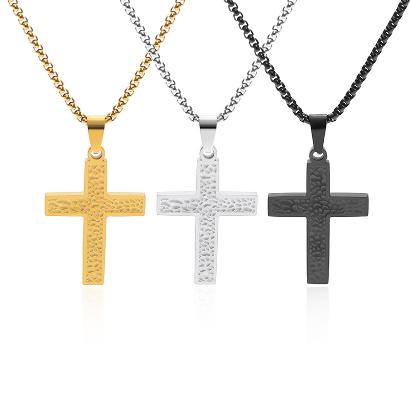 New irregular hand-hammered titanium steel cross necklace from Europe and America, stainless steel pendant for men and women Item Picture
