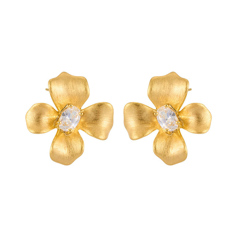 Light luxury style brushed four-petal flower stud earrings, copper alloy, real gold electroplated with zircon s925 silver needle, high-end women's earrings Item Picture
