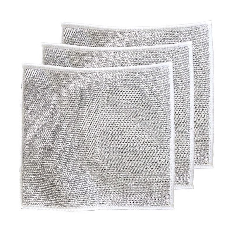 Silver wire cloth replaces steel wool balls, does not stick to oil, dries quickly, is multi-purpose for scrubbing POTS, pans, stoves, descaling, and mesh hand towels Item Picture