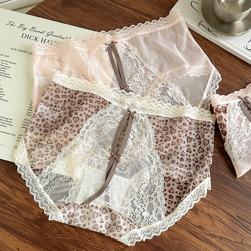 胖MM大码性感豹纹内裤女纯欲纯棉裆豹纹法式蕾丝后镂空女士三角裤