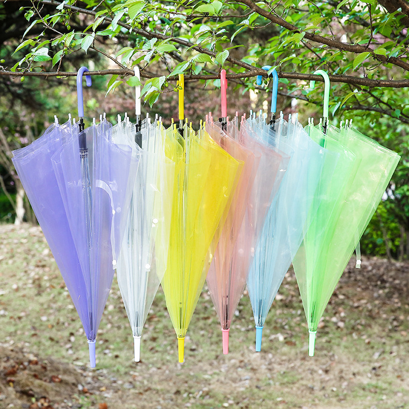 Creative PVC transparent umbrellas with logo printing, wholesale of disposable ring treasure umbrellas, 8-bone colored straight handle long umbrellas