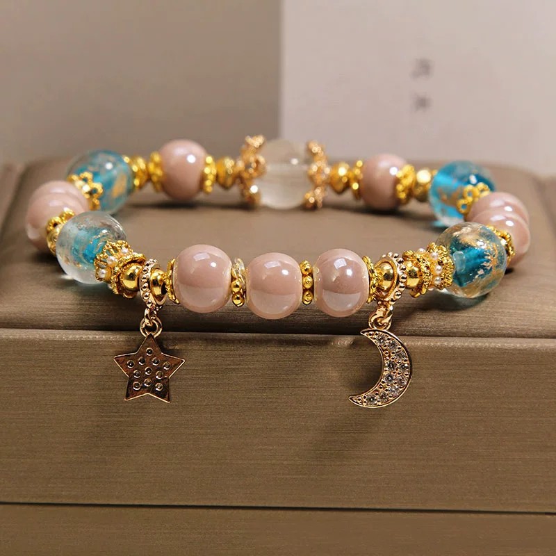Ancient-style incense ash glass bracelet for women, light luxury, niche, exquisite and high-end. Star and moon pendant bracelet, a gift for your best friend