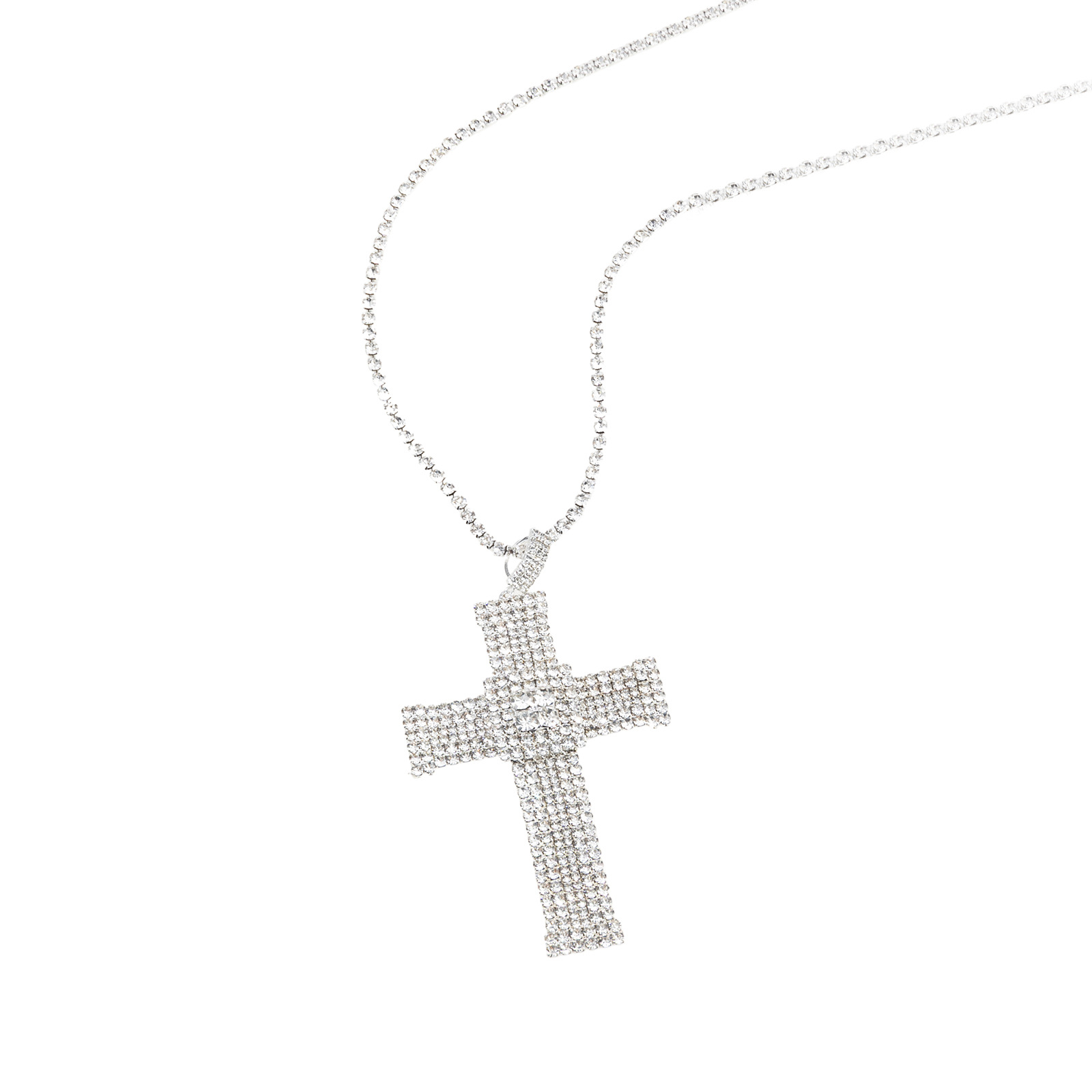 This is a new cross-border necklace from Europe and America. It features an exaggerated cross water diamond necklace, a unique and trendy long pendant, and a grand, shiny necklace with full diamonds Item Picture