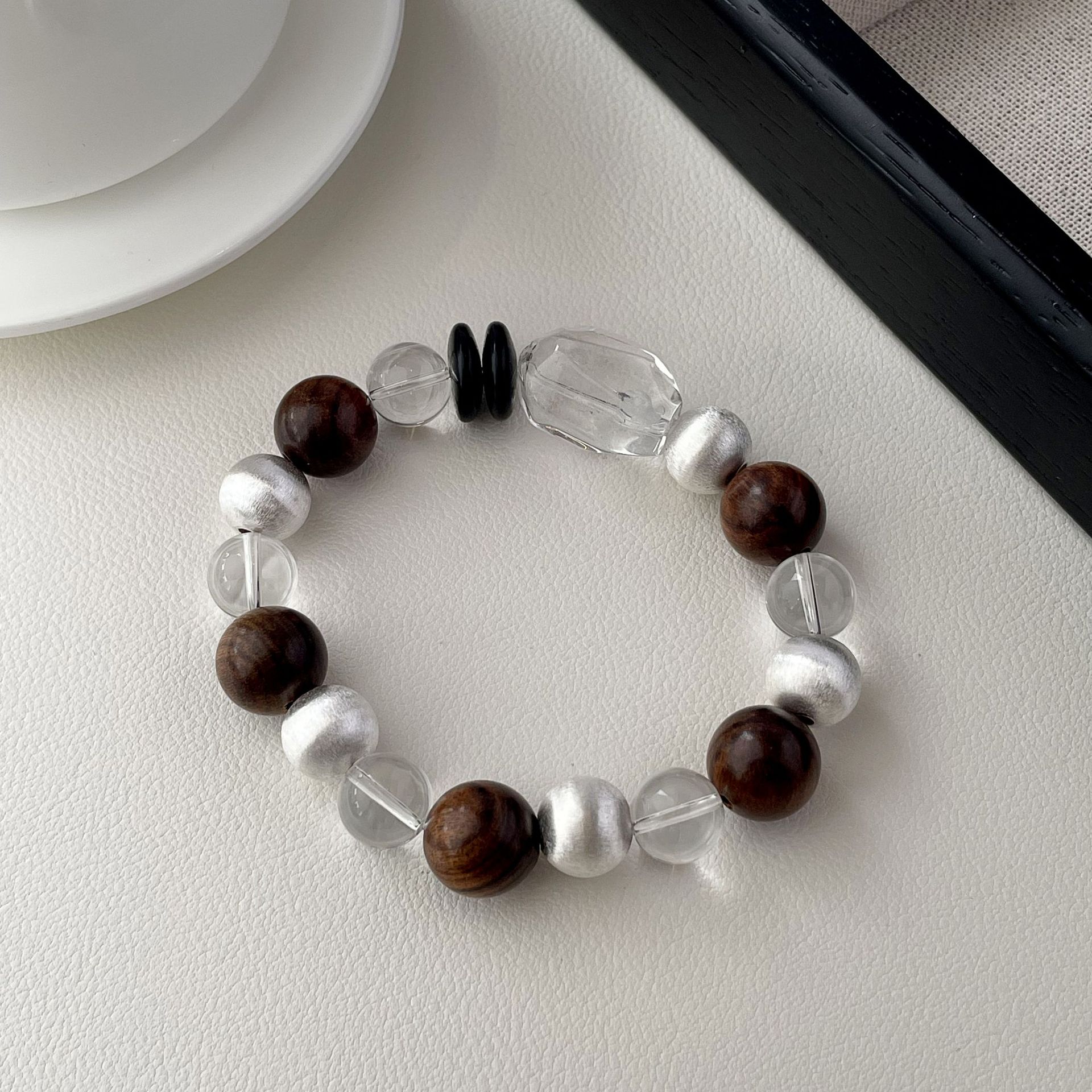 Original 999 pure silver natural irregular-shaped white crystal bracelet, ins niche sandalwood brushed round ball bracelet, women's jewelry Item Picture