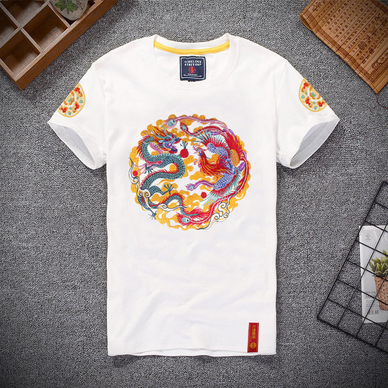 Chinese trend men's short-sleeved T-shirt, men's dragon and phoenix youth loose round-neck summer embroidered dragon robe half-sleeved T-shirt Specification image