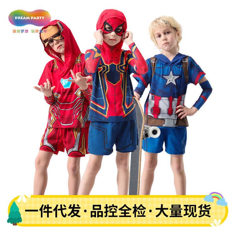 新款蜘蛛侠套装男童夏季防晒冰袖运动服装儿童t恤衣服夏薄款