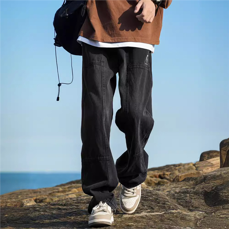 American-style trendy cross-shaped jeans for men, versatile for spring, autumn and summer. Loose straight-leg wide-leg men's casual pants