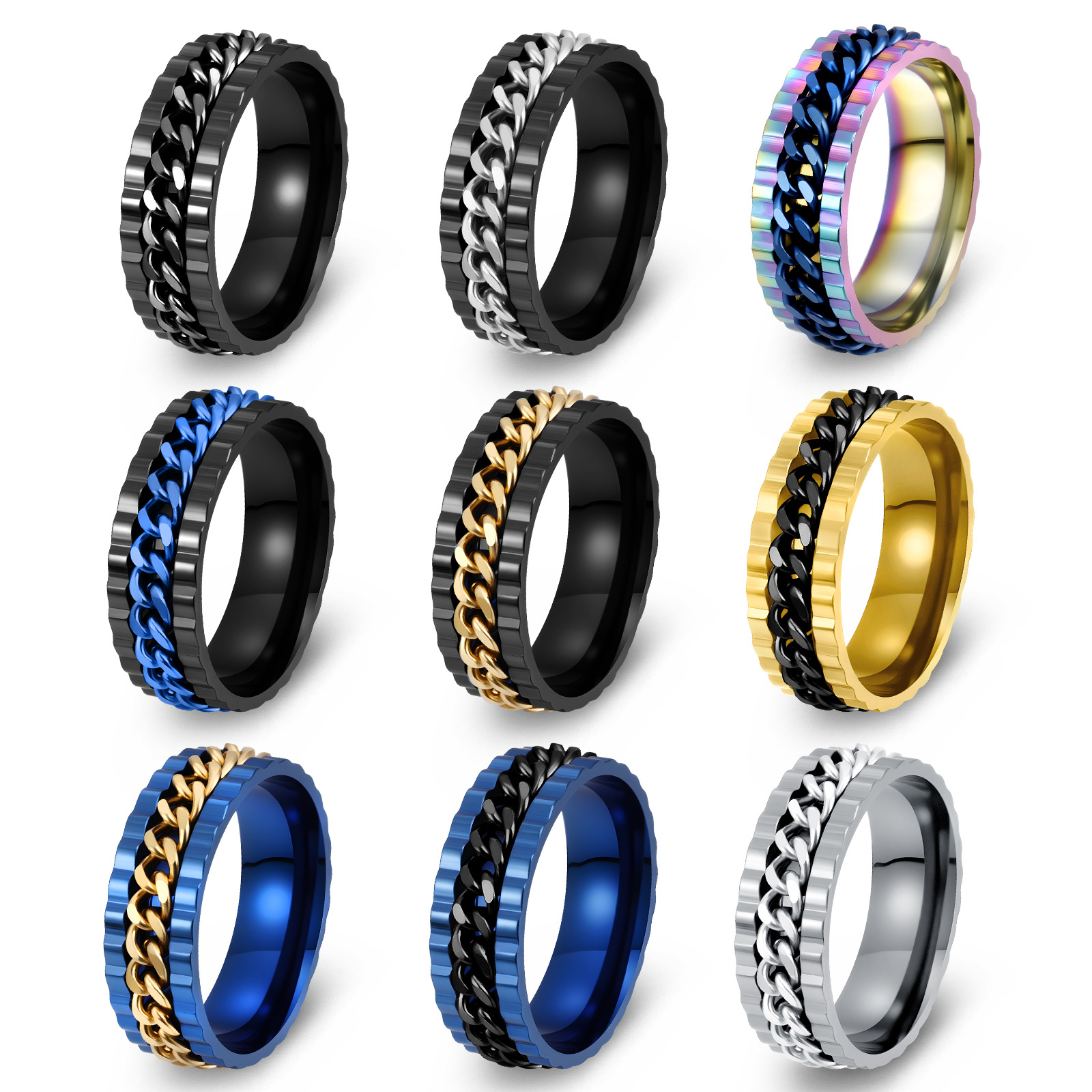 Wholesale of new cross-border European and American men's titanium steel chain rotating rings in 12-color full-color stress-relieving accessories