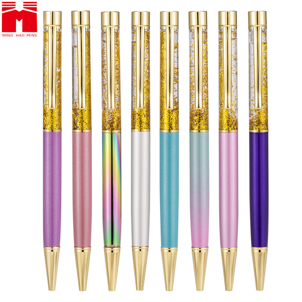 Cross-border creative gold powder into oil pens, colorful flowing sand pens, metal empty tube pens, gift advertising pens