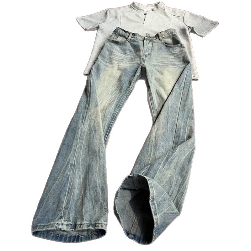 Burst lightning print jeans for men, straight-leg loose American high street vibe pants, trendy brand, cool and heavy heavy slightly flared pants