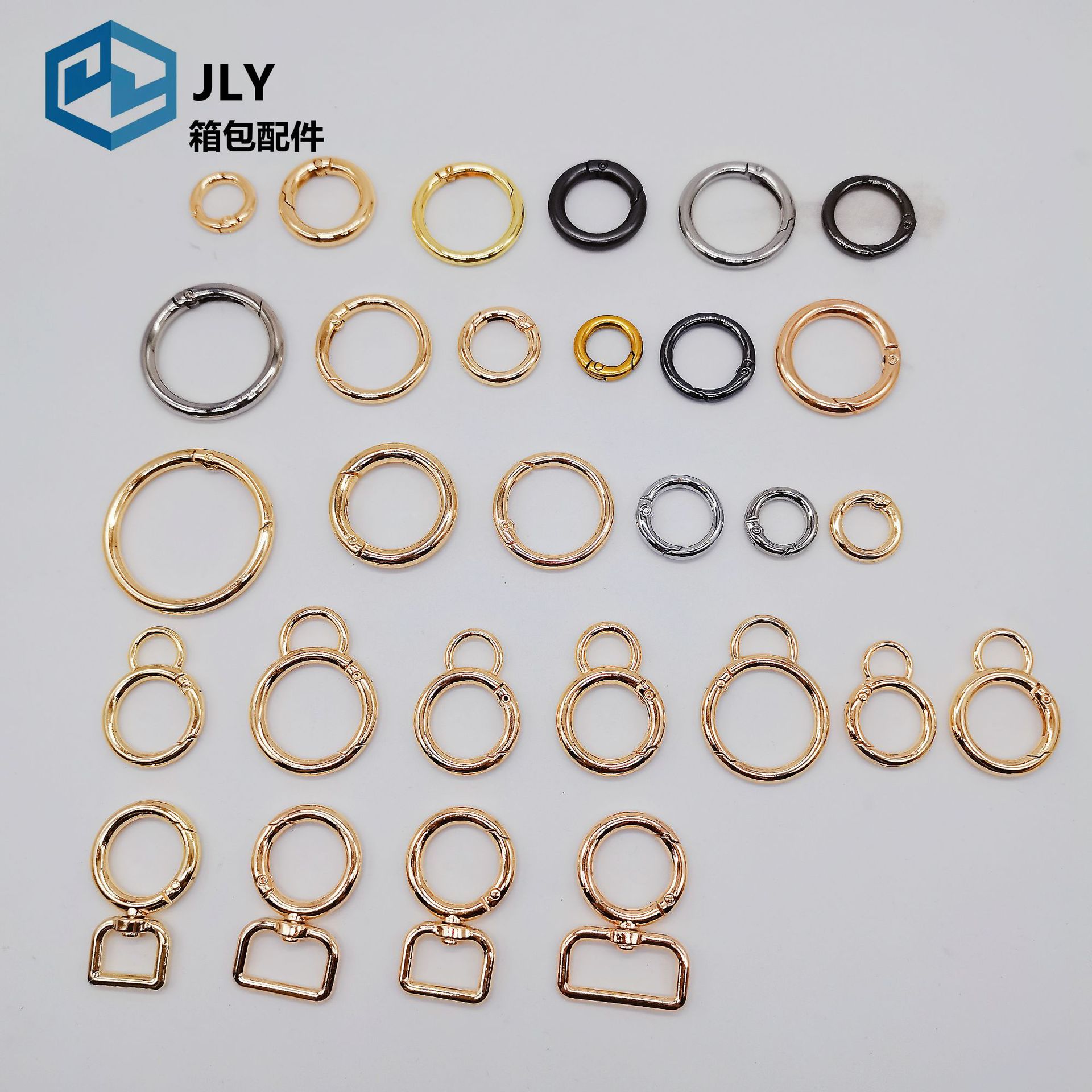 Zinc alloy square spring ring, metal flat wire spring ring, open circular key, luggage webbing, circular hanging buckle full figure