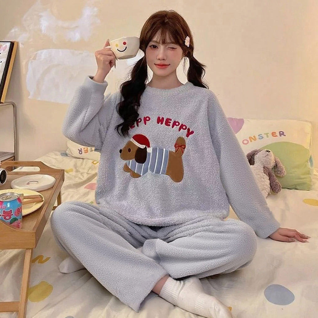 Korea2025 Autumn/Winter Velvet Coral velvet pajamas for girls, cartoon Dachshund soft girls, thick and warm home wear Specification image