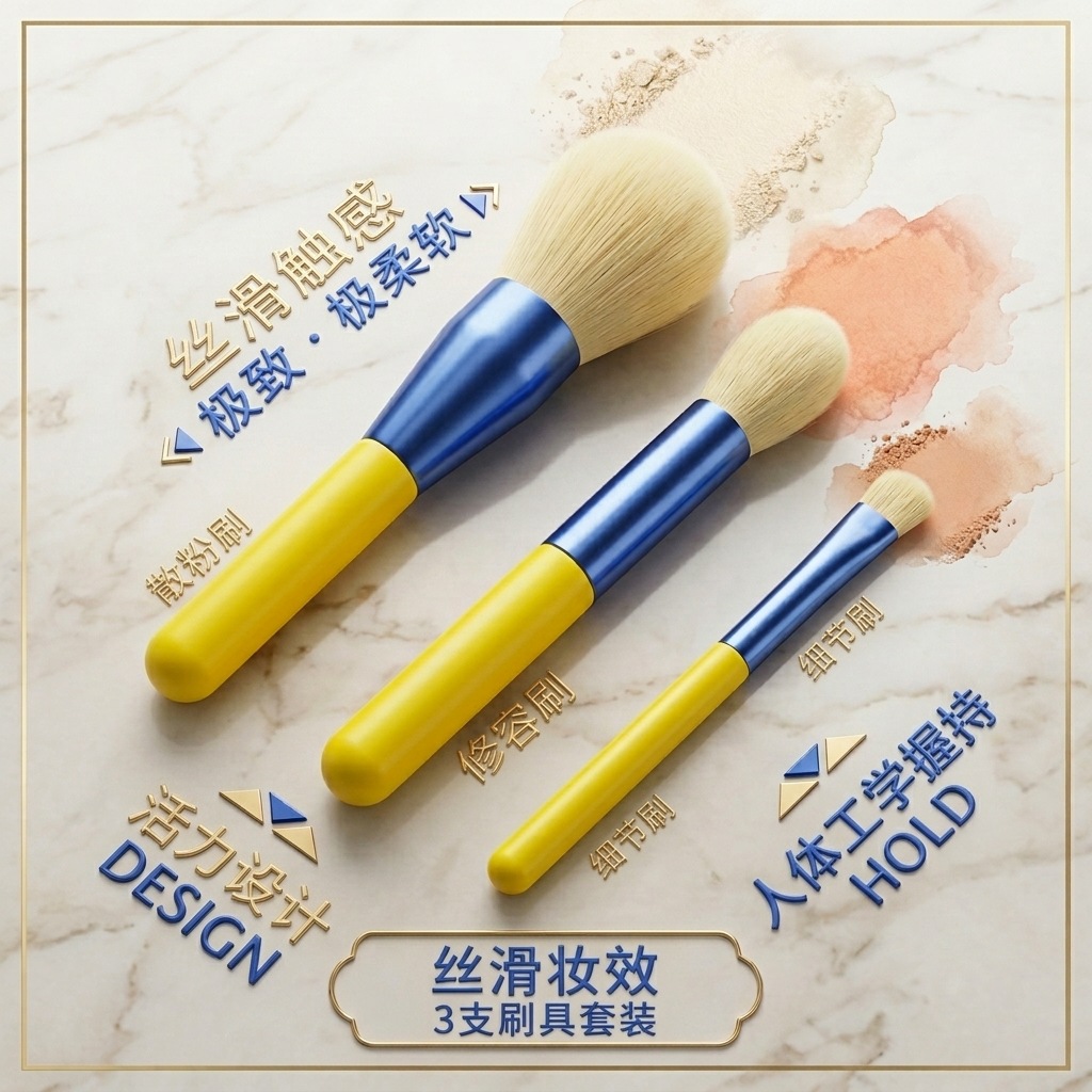 Three-piece yellow handle, blue metal connection makeup brush set, contour brush, detail brush, makeup tool Specification image